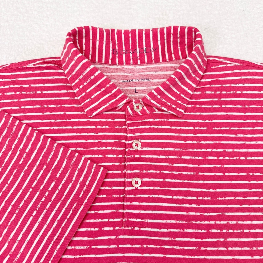 B Draddy Polo Shirt Mens Size Large Pink Striped Golf Pima Cotton Casual